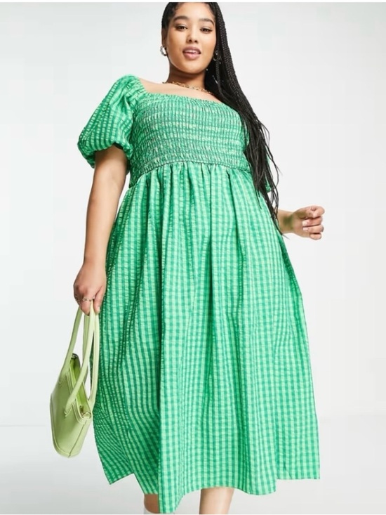 Never Fully Dressed Dresses & Skirts - Never Fully Dressed Green Gingham Midi Dress Curve XXL Puff Sleeve